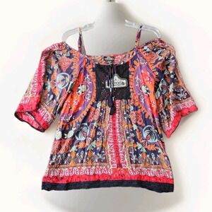 Angie Womens Off Shoulder Boho Black Top Tunic Size M Whimsigoth Witchy Gauze